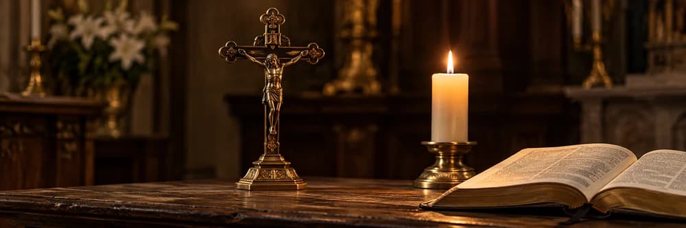 A crucifix, a lit candle, and an open Bible on an altar